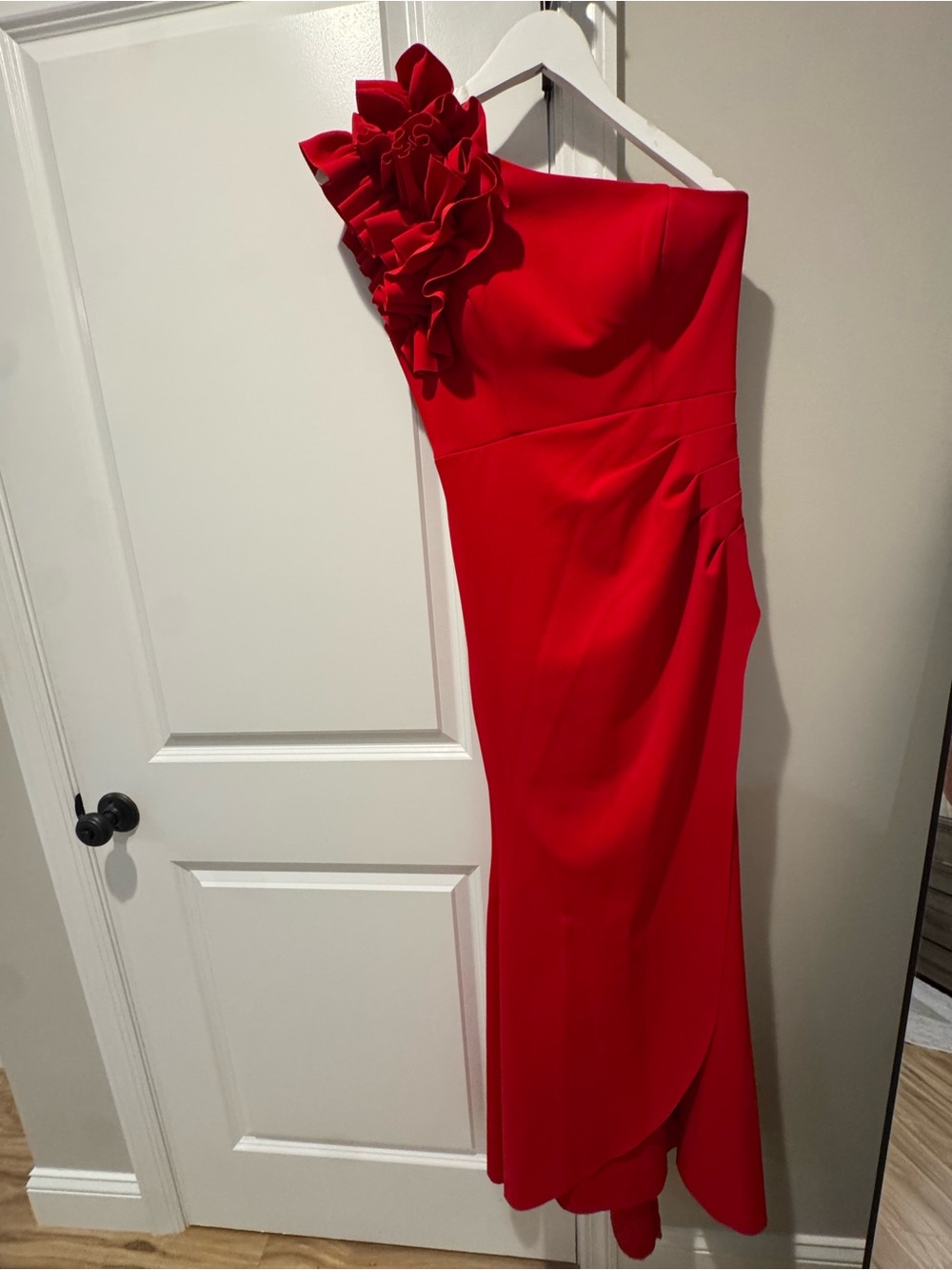 Xscape One-Shoulder Red Evening Gown with Floral Ruffle